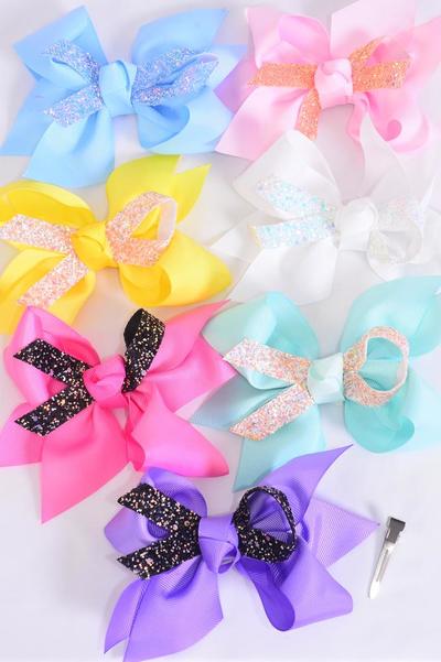 Hair Bow Jumbo Center Metallic Bowtie Grosgrain Bowtie Pastel /  12 pcs Bow = Dozen Alligator Clip , Size - 6" x 5" Wide , 2 White , 2 Pink , 2 Yellow , 2 Lavender , 2 Blue , 1 Hot Pink , 1 Green Color Mix , Clip Strip & UPC Code