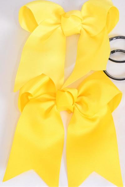Hair Bow Extra Jumbo Long Tail Cheer Type Bow Yellow Mix Elastic Grosgrain Bow-tie / 12 pcs Bow = Dozen Elastic , Yellow Mix , Size - 6.5" x 6" Wide , 6 Daffodil Yellow , 6 Yellow mix , Clip Strip & UPC Code