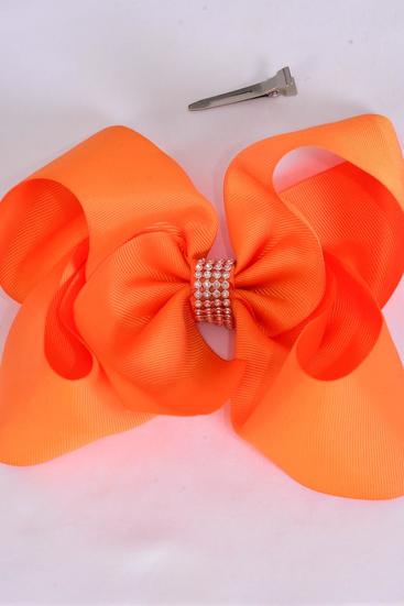 Hair Bow Jumbo Center Clear Stones Autumn Orange Grosgrain Bow-tie / 12 pcs Bow = Dozen  Alligator Clip , Bow - 6" x 5" , Clip Strip & UPC Code