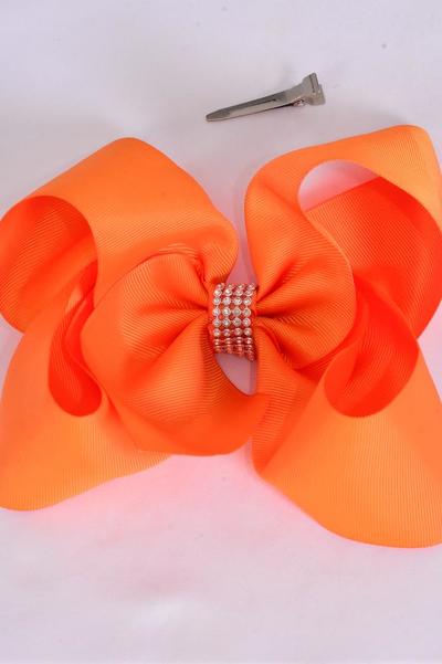 Hair Bow Jumbo Center Clear Stones Autum Orange Grosgrain Bow-tie / 12 pcs Bow = Dozen  Alligator Clip , Bow-6"x 5" , Clip Strip & UPC Code