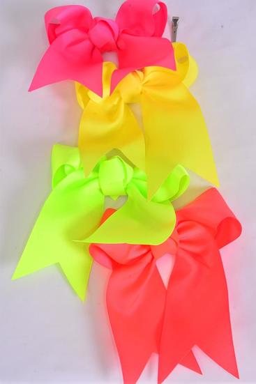 Hair Bow Extra Jumbo Long Tail Cheer Type Bow  Neon Grosgrain Bow-tie / 12 pcs Bow = Dozen  Alligator Clip , Bow-6.5"x 6" Wide , 3 Neon Pink , 3 Neon Yellow , 3 Neon Orange , 3 Neon Green Color Asst , Clip Strip & UPC Code