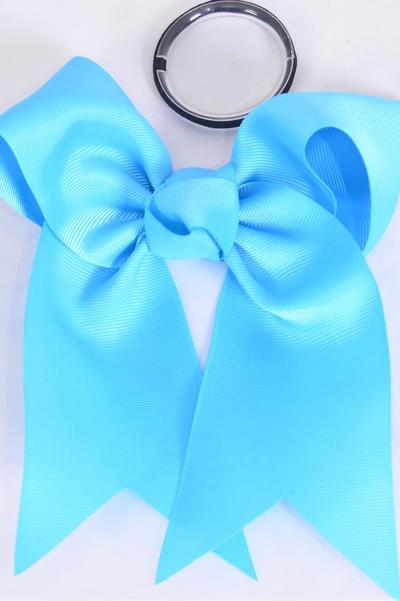 Hair Bow Extra Jumbo Long Tail Cheer Type Bow Turquoise Elastic Grosgrain Bow-tie / 12 pcs Bow = Dozen Elastic , Size - 6.5"x 6" Wide , Clip Strip & UPC Code